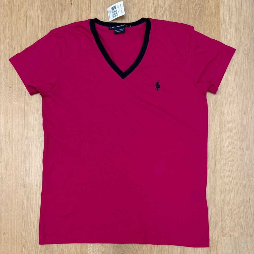 Ralph Lauren Pink V-Neck Tee with Black Trim